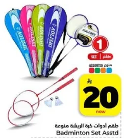 مجموعه متنوعه من ادوات كره الريشه تشمل المضارب وكره الريشه.