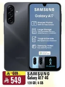 سامسونج جالاكسي A17 4G بسعه 128 جيجابايت وذاكره وصول عشوايي 4 جيجابايت.