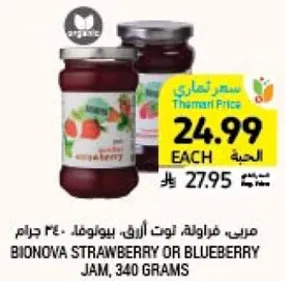 BIONOVA STRAWBERRY OR BLUEBERRY JAM, 340 GRAMS