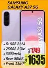 Samsung Galaxy A37 5G with 8+8GB RAM and 256GB ROM, featuring a 5000mAh battery, 50MP rear camera, and 13MP front camera.