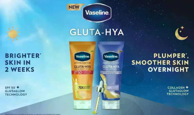 فازلين غلوتا-هيا يوفر بشره اكثر اشراقا في اسبوعين مع SPF 50 وتقنيه غلوتاجلو. يوفر بشره اكثر امتلاء ونعومه بين عشيه وضحاها مع الكولاجين وتقنيه غلوتاجلو.