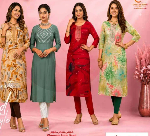 Women's Long Kurti collection featuring various designs and colors.