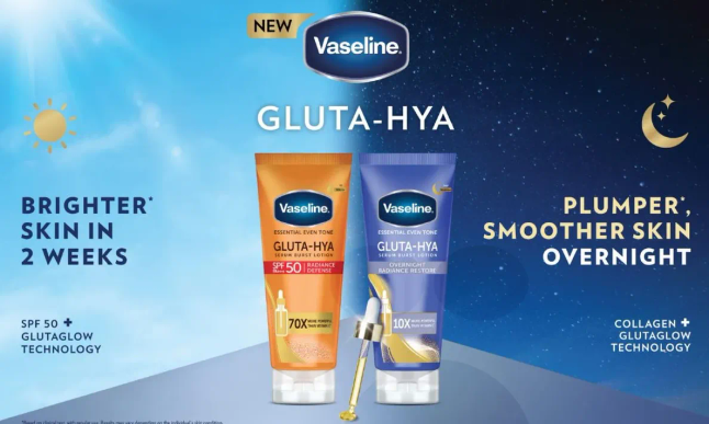Vaseline Gluta-Hya offers brighter skin in 2 weeks with SPF 50 and Glutaglow technology. It provides plumper and smoother skin overnight with collagen and Glutaglow technology.