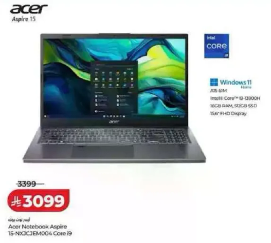 لابتوب ايسر اسباير 15 بمعالج انتل كور i9-13900H، 16 جيجابايت رام، 512 جيجابايت SSD، شاشه FHD بحجم 15.6 بوصه.