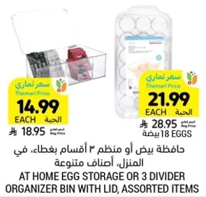 At home egg storage or 3 divider organizer bin with lid, assorted items.