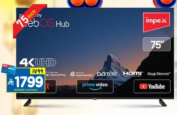 تلفاز 75 بوصه بدقه 4K UHD مع نظام webOS Hub، يدعم Apple AirPlay وNetflix وPrime Video وYouTube.