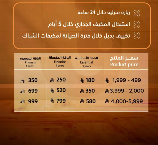 زياره منزليه خلال 24 ساعه. استبدال المكيف الجباري خلال 5 ايام. تكيف بديل خلال فتره الصيانه لمكيفات الشيك.