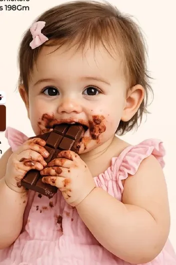 A cute baby enjoying a chocolate bar, showcasing a delightful moment.